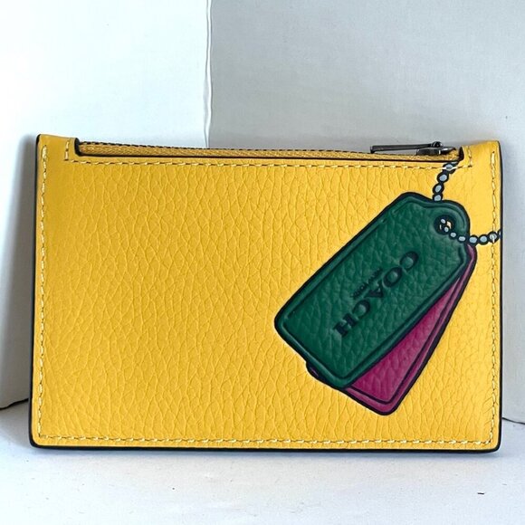 Coach Zip Card Case Wallet Mens Yellow Pebbled Leather Slim Trompe L'oeil CH130 - Picture 6 of 6
